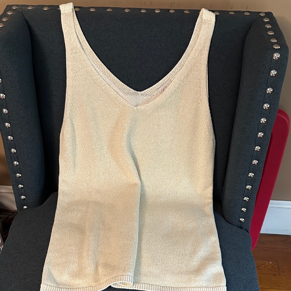 LOFT Cream V-Neck Tank Top gold sparkles